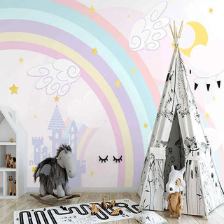 Pink Castle with Rainbow Nursery Wallpaper-GraffitiWallArt