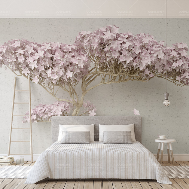 Pink Flowers Design Theme - 3D Tree Wallpaper Murals-GraffitiWallArt