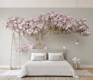 Pink Flowers Design Theme - 3D Tree Wallpaper Murals-GraffitiWallArt