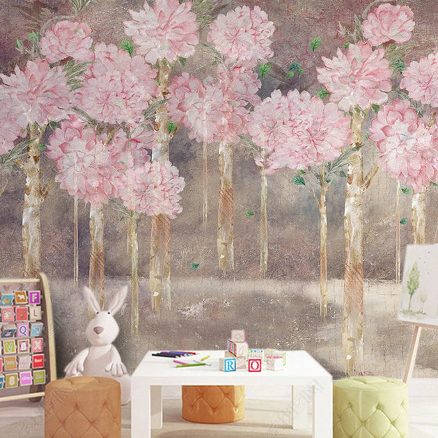 Pink Pastel Flowers Grow Wallpaper Mural-GraffitiWallArt
