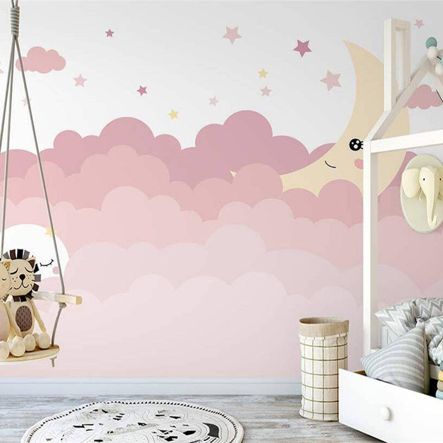 Pink Shade Cloud Waves and Moon Nursery Wallpaper-GraffitiWallArt