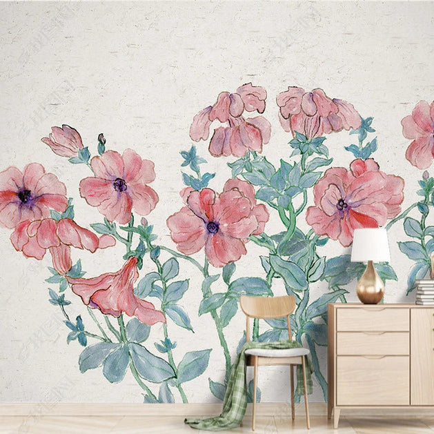 Pink Sketch Art Flowers Wallpaper Mural-GraffitiWallArt