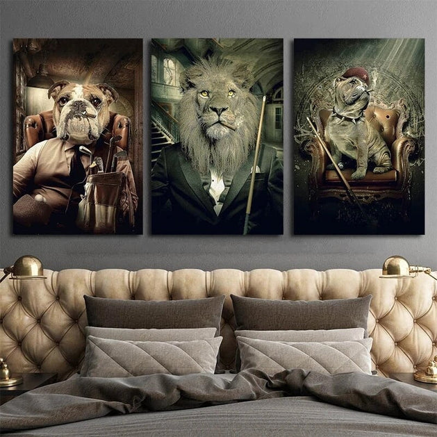 Playful Animals Canvas Wall Art Lions and Dogs Playing Billiards-GraffitiWallArt