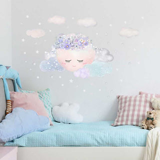 Purple Flower Sleeping Moon Clouds and Stars Wall Sticker-GraffitiWallArt