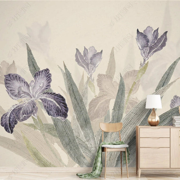 Purple Tropical Flowers Wallpaper Mural-GraffitiWallArt