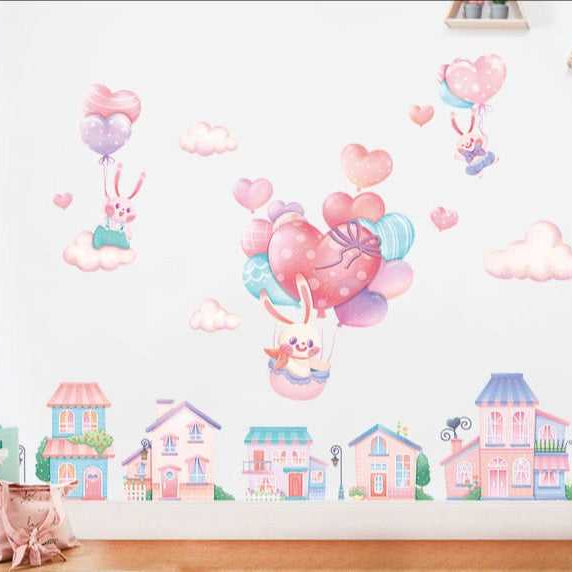 Rabbit Bunny on Air Balloons Wall Decal | Full City Tour Wall Sticker-GraffitiWallArt