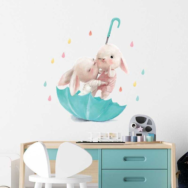 Rabbit on Green Umbrella Wall Sticker | Kids Nursery Wall Stickers-GraffitiWallArt