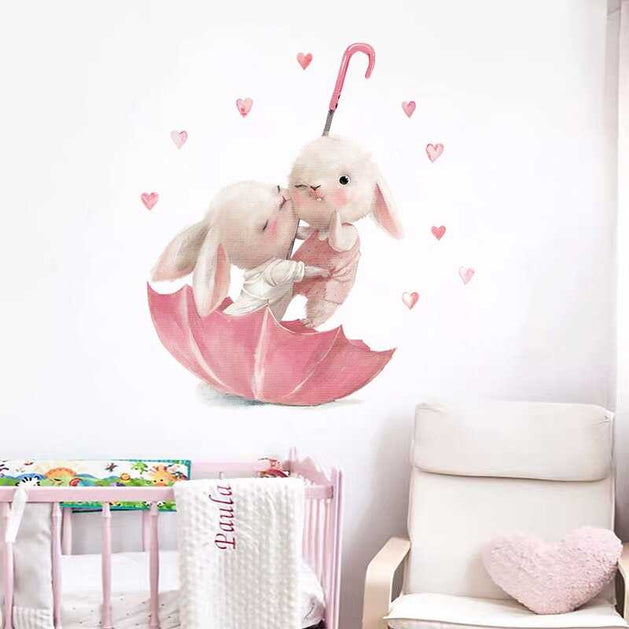 Rabbit on Pink Umbrella Wall Sticker | Kids Nursery Wall Stickers-GraffitiWallArt