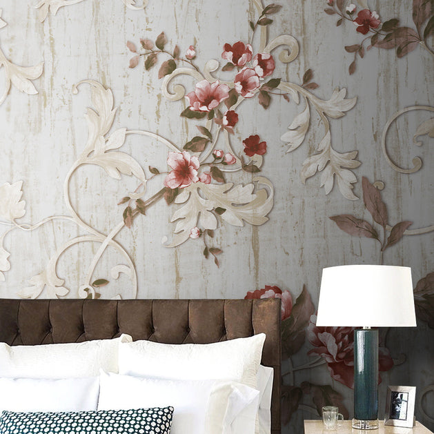 Red Floral Vales Wallpaper Mural-GraffitiWallArt