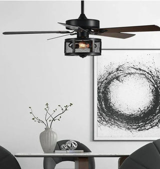 Retro Black Ceiling Fan Drum Style Wood Blades-GraffitiWallArt