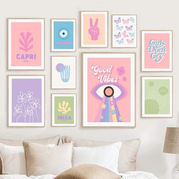 Retro Groovy Leaf Matisse Pastel Pink Prints And Poster Canvas Wall Art-GraffitiWallArt