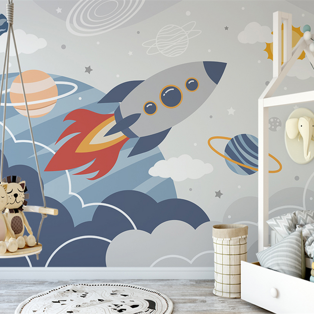 Rocket to Space over Earth Nursery Wallpaper-GraffitiWallArt