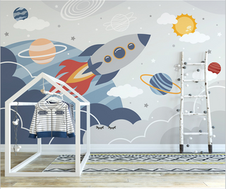 Rocket to Space over Earth Nursery Wallpaper-GraffitiWallArt