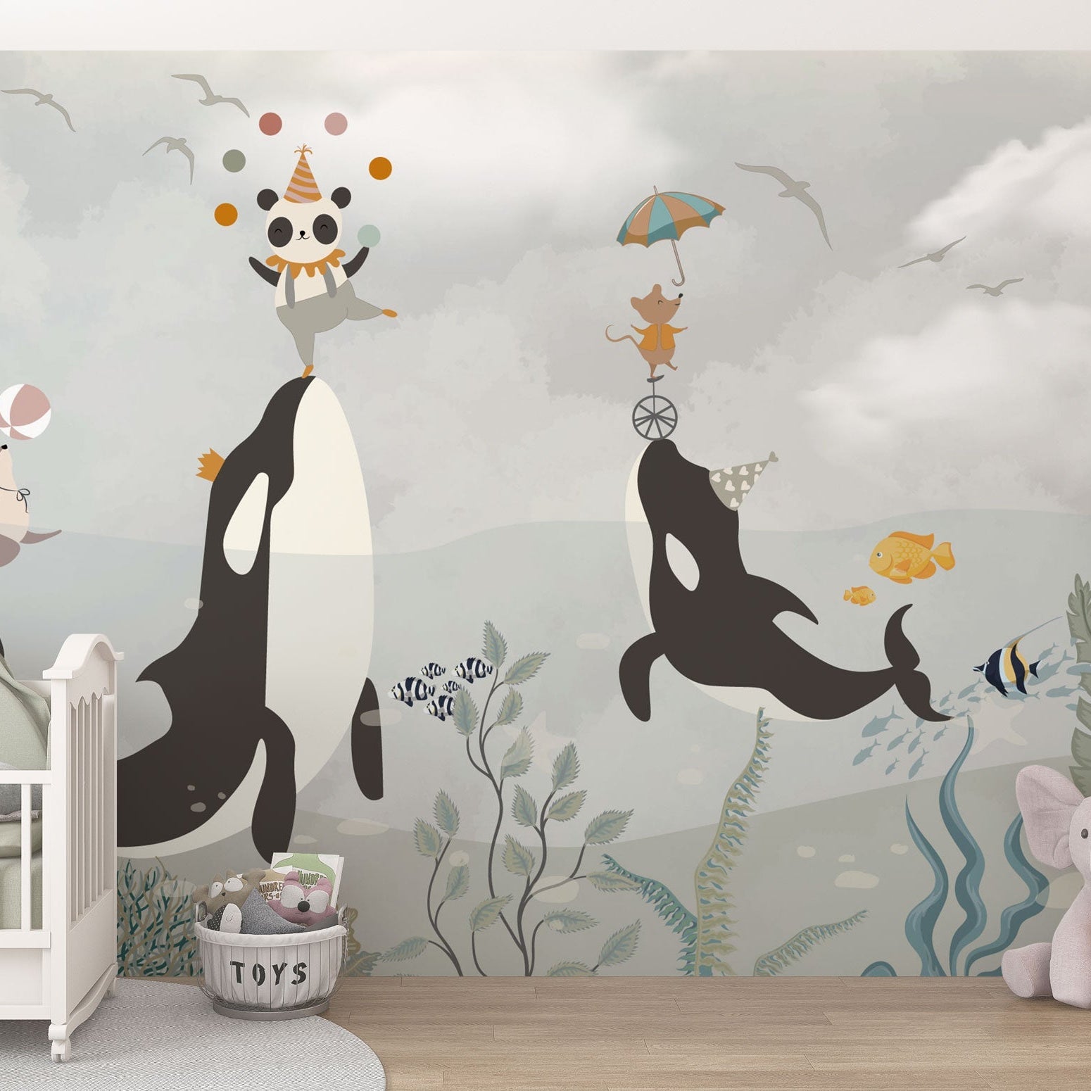Sea Whale Circus - Kids Room Wallpaper Mural-GraffitiWallArt
