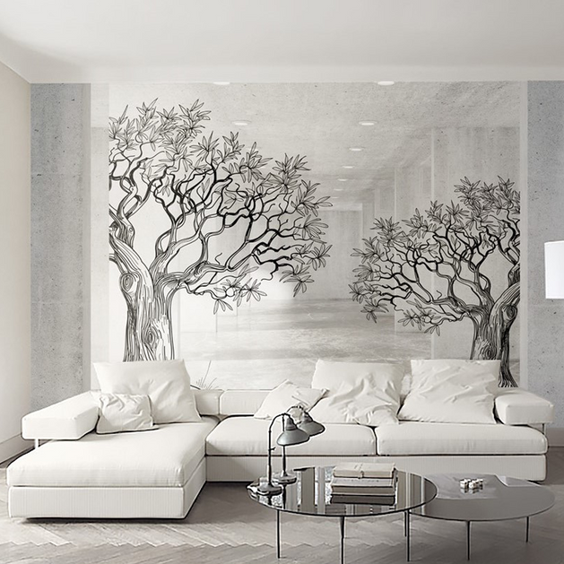 Sketchy Twin Trees Wallpaper Murals – Transform your space-GraffitiWallArt