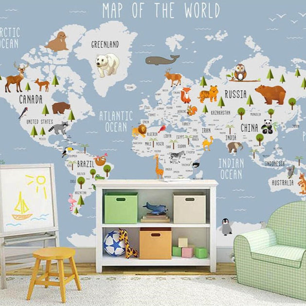 Skyland Nursery Light Blue and White World Map Wallpaper-GraffitiWallArt