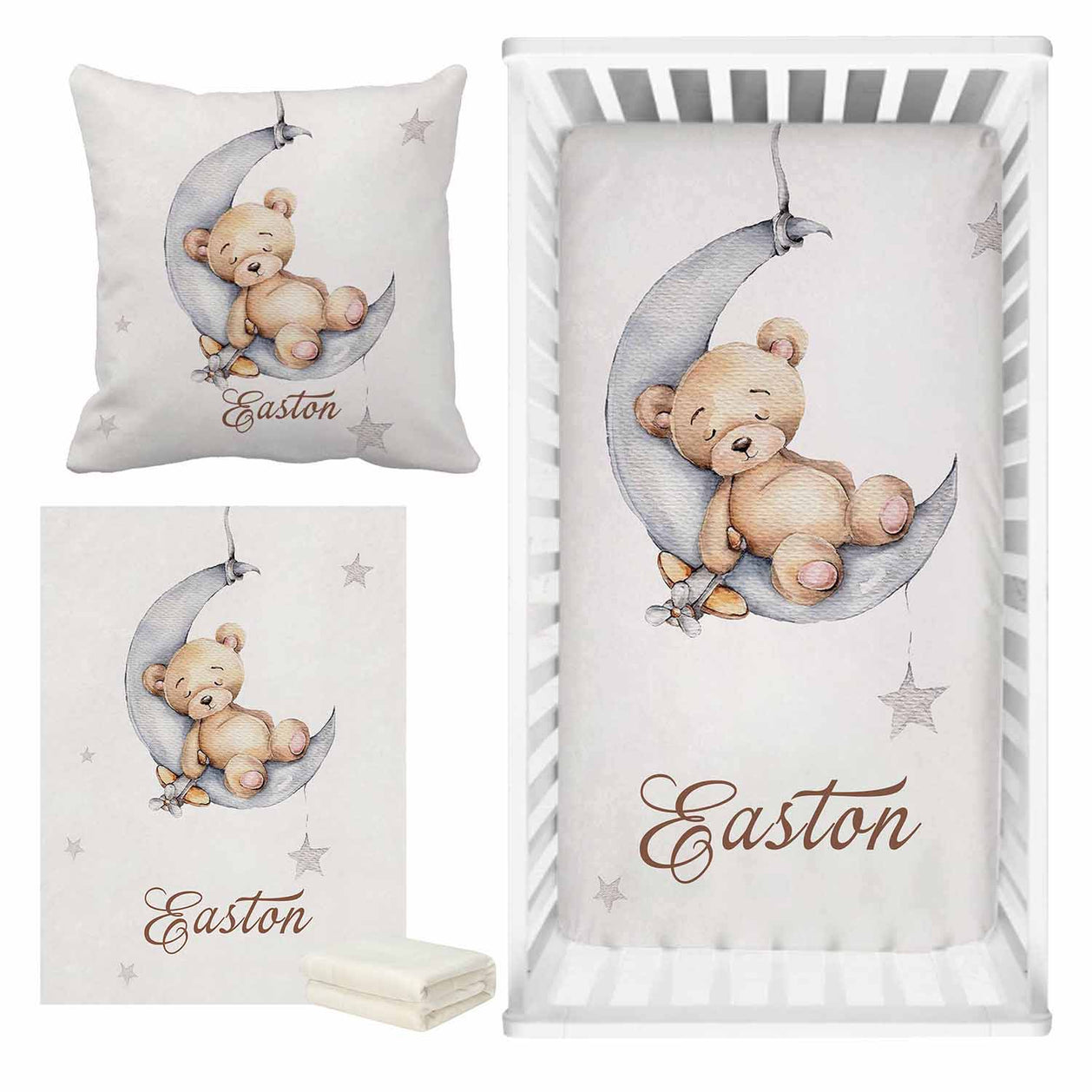 Sleepy Bear on Moon Baby Name Cot Bedding Set | Baby Shower Gift Bedding Set-GraffitiWallArt