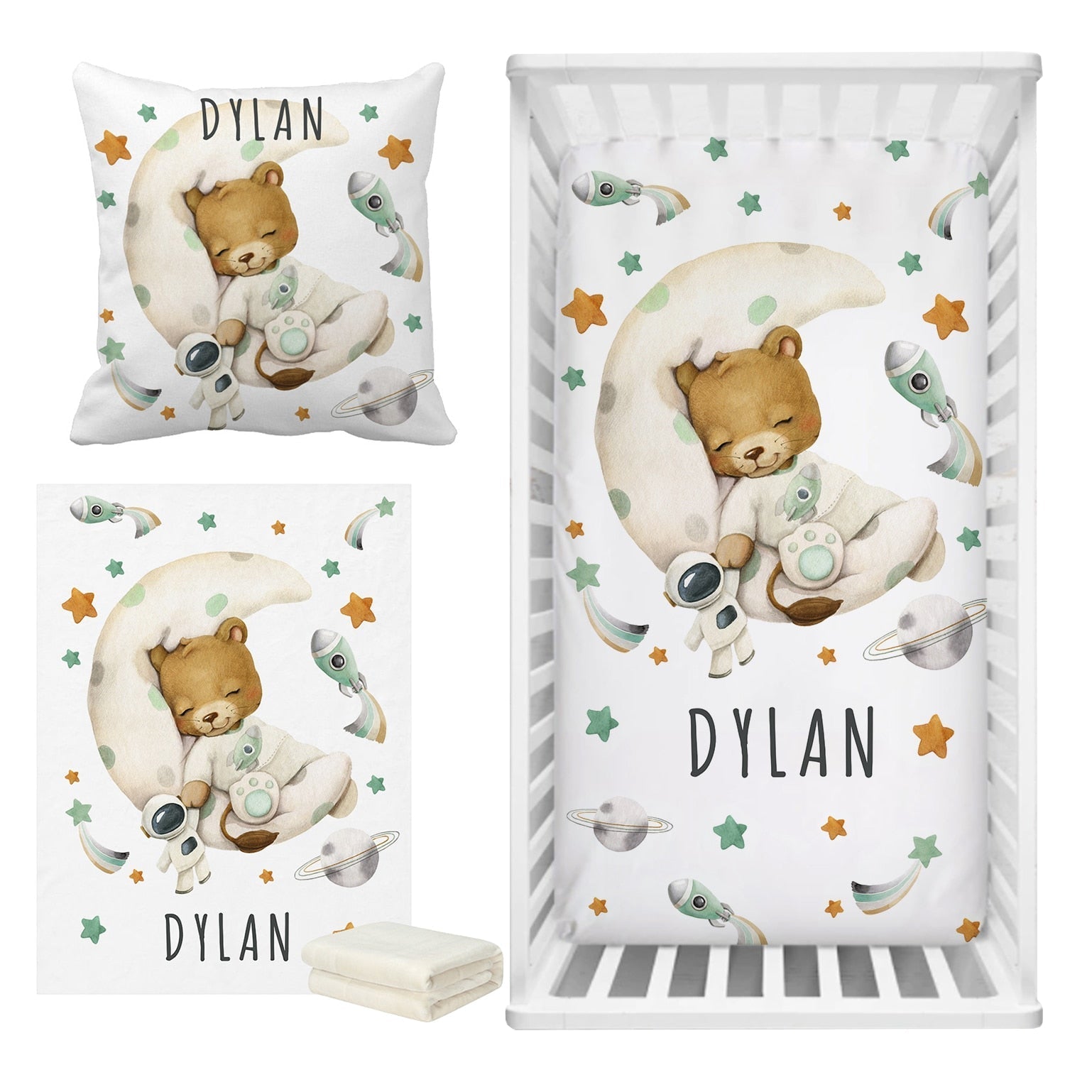 Sleepy Lion on Moon Baby Name Cot Bedding Set | Baby Shower Gift Bedding Set-GraffitiWallArt