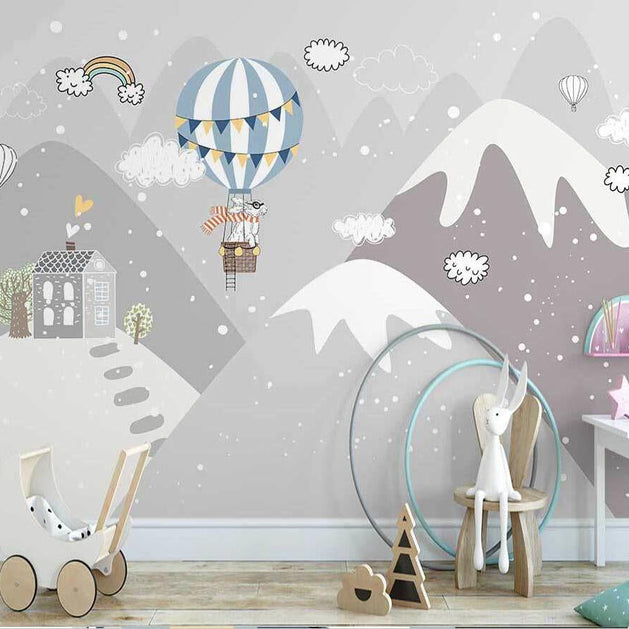 Snowy Peaks & Balloon Skies - Adventure-Inspired Wallpaper-GraffitiWallArt