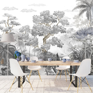 Sophisticated Monochrome Jungle Mural Wallpaper-GraffitiWallArt