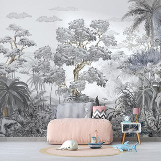 Sophisticated Monochrome Jungle Mural Wallpaper-GraffitiWallArt