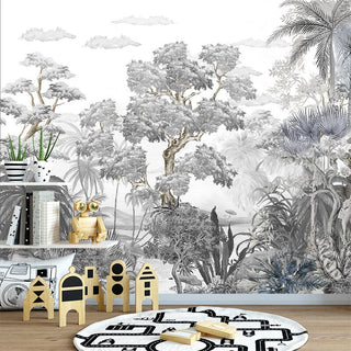 Sophisticated Monochrome Jungle Mural Wallpaper-GraffitiWallArt