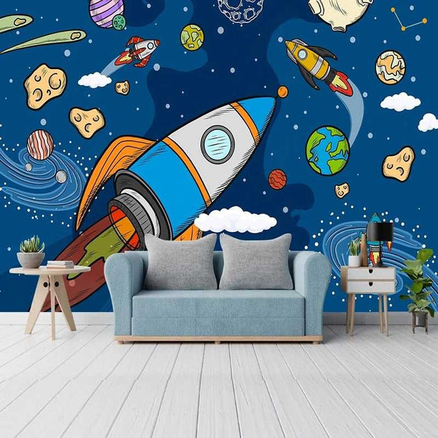Stellar Adventure Cosmic Space Rocket Wallpaper-GraffitiWallArt
