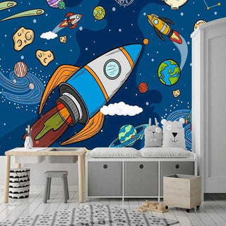 Stellar Adventure Cosmic Space Rocket Wallpaper-GraffitiWallArt