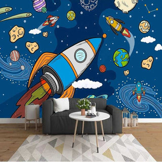 Stellar Adventure Cosmic Space Rocket Wallpaper-GraffitiWallArt