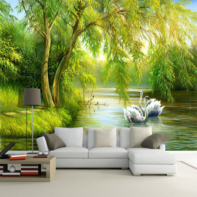Swans in Lake Wallpaper - Transform Your Space-GraffitiWallArt