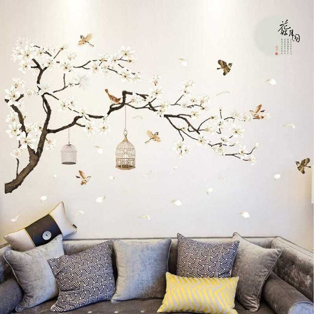 Tree Wall Decals with Birds Home Wall Stickers for Couples-GraffitiWallArt