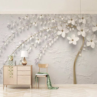 Tree with White Flowers Scenery Wallpaper for Home Wall Decor-GraffitiWallArt