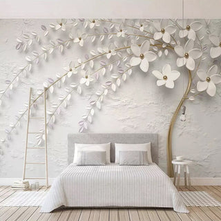 Tree with White Flowers Scenery Wallpaper for Home Wall Decor-GraffitiWallArt