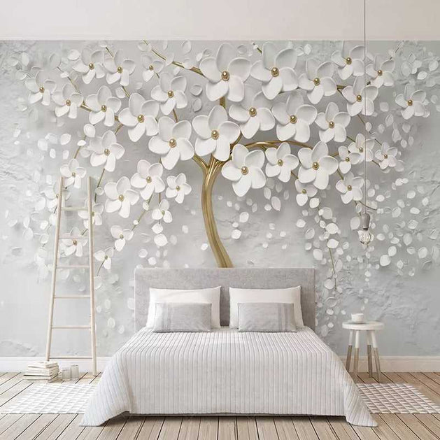 Tree with White Flowers Wallpaper - Stunning Nature Wall Art-GraffitiWallArt