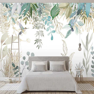 Tropical Plant Leaves Flowers And Birds Wallpaper Mural-GraffitiWallArt