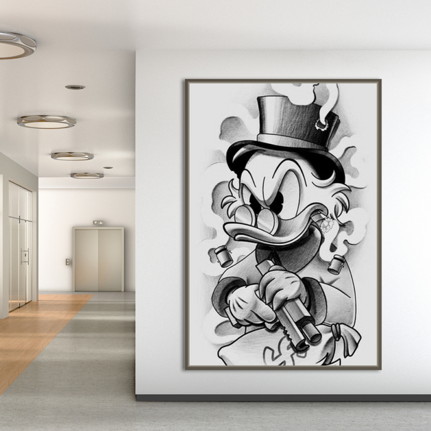 Uncle Scrooge McDuck Black & White Gangster Canvas Wall Art-GraffitiWallArt