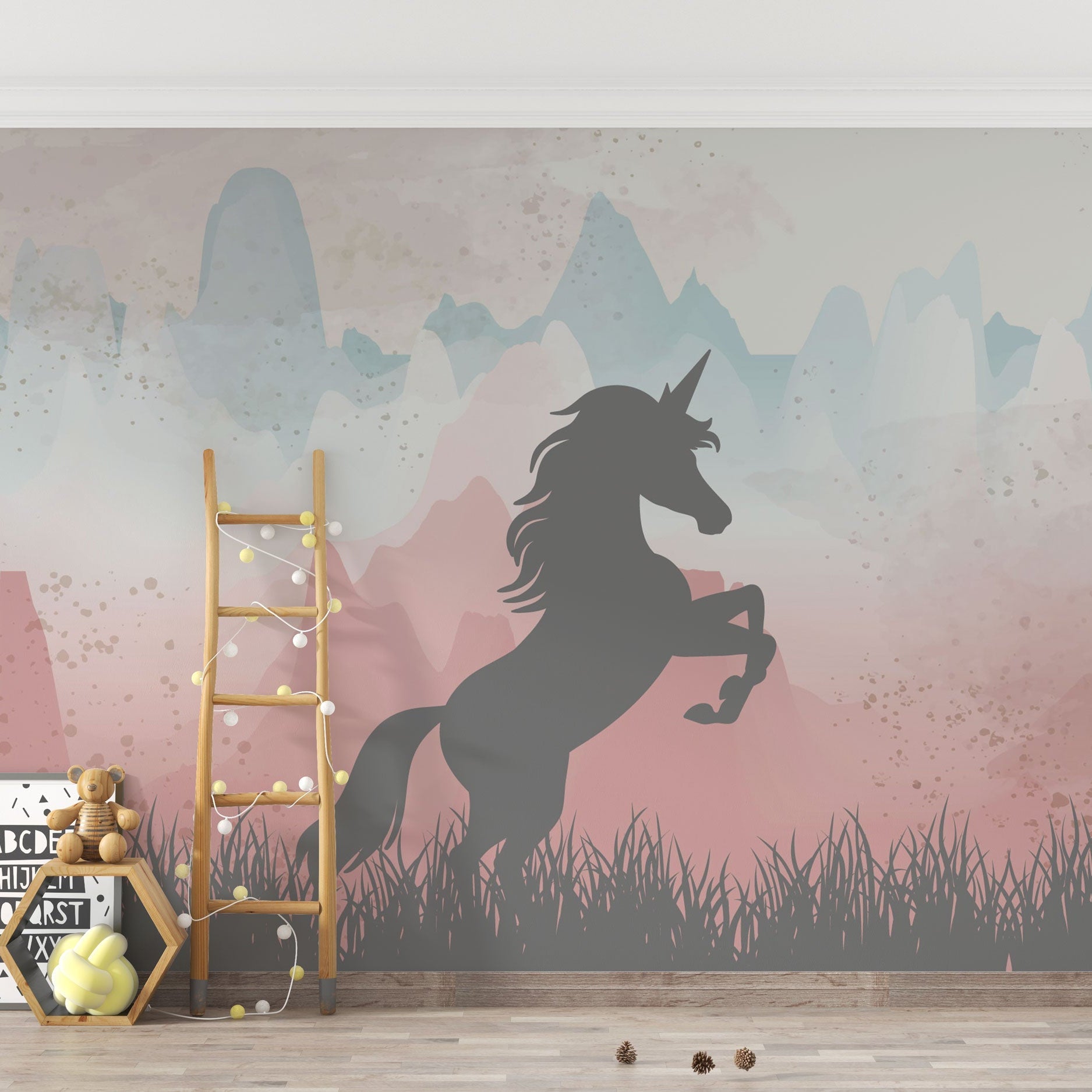 Unicorn in Mountains - Girls Room Wallpaper Mural-GraffitiWallArt