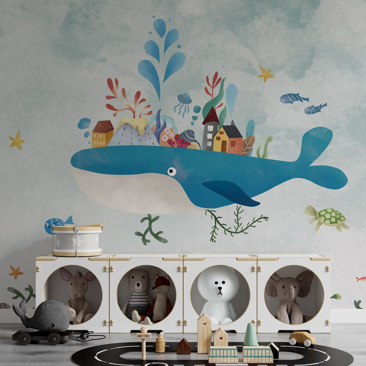 Whale Adventure - Kids Room Wallpaper Mural-GraffitiWallArt