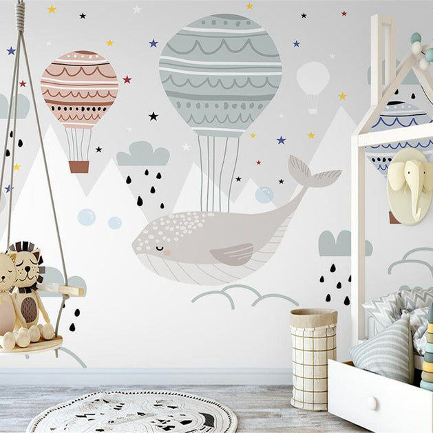 Whale and Air Balloons Kids Room Wallpaper Mural-GraffitiWallArt