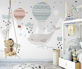 Whale and Air Balloons Kids Room Wallpaper Mural-GraffitiWallArt