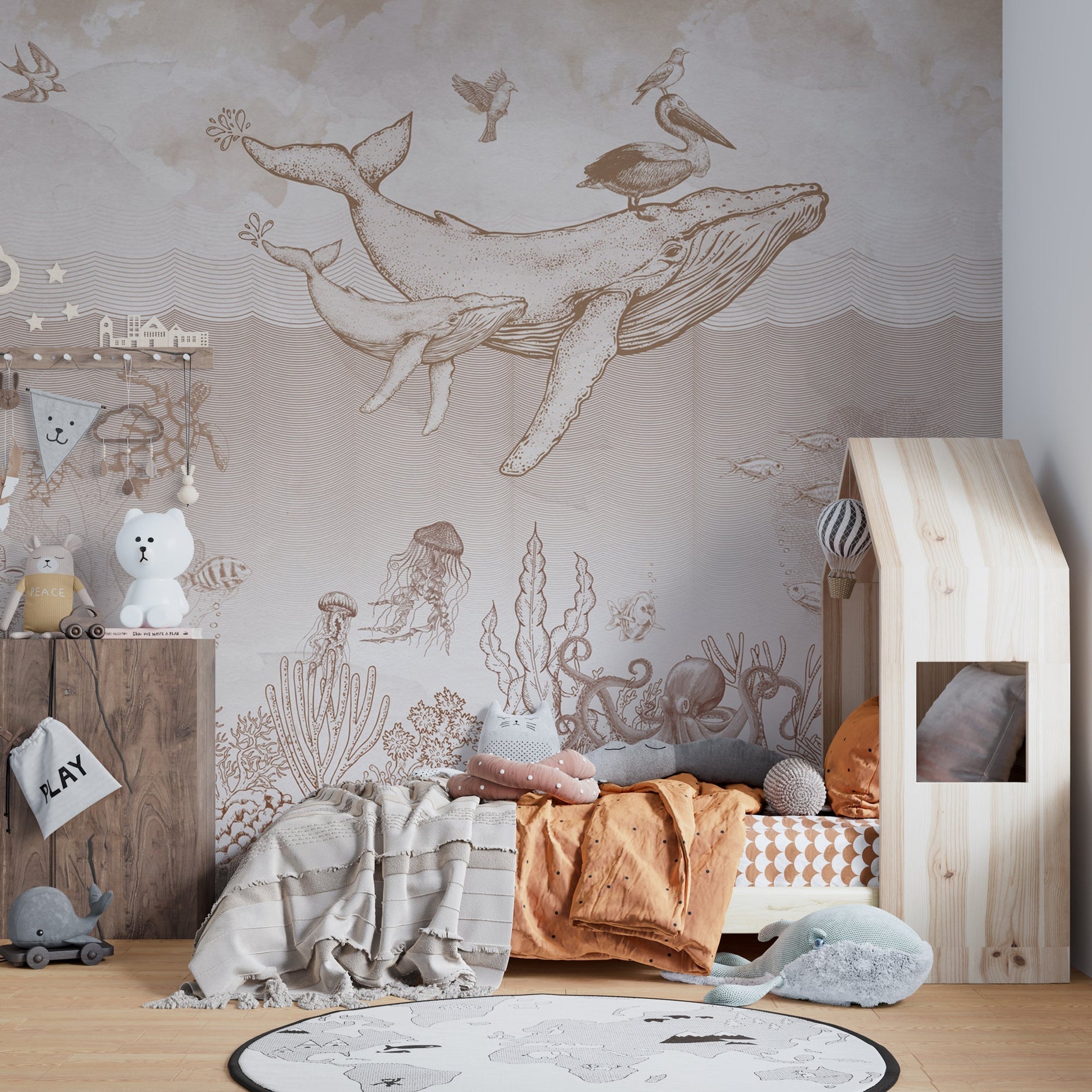 Whales in Sea Sketchy - Kids Room Wallpaper Mural-GraffitiWallArt