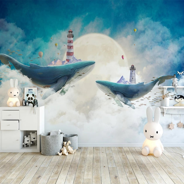 Whales Lighthouse Sky Blue White Clouds Wallpaper for Home Wall Decor-GraffitiWallArt