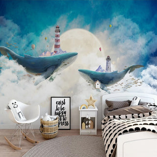 Whales Lighthouse Sky Blue White Clouds Wallpaper for Home Wall Decor-GraffitiWallArt