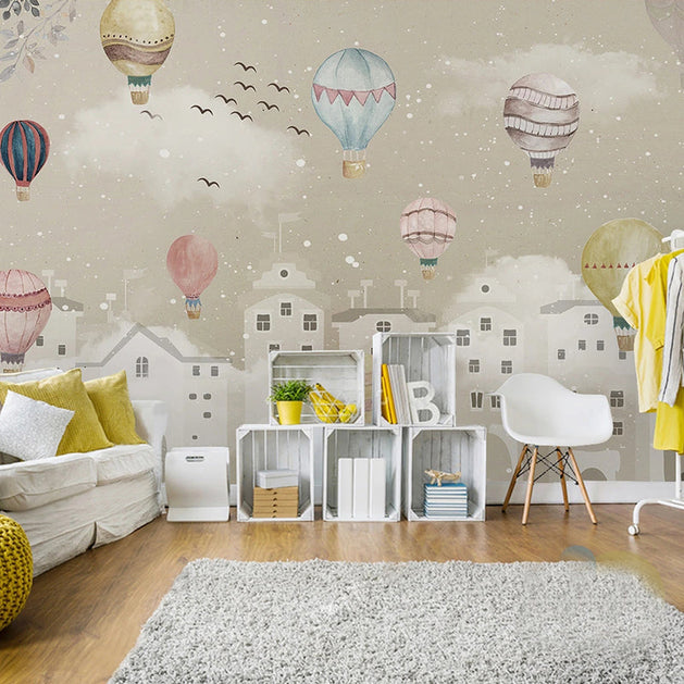 Whimsical Air Balloons Flying Nursery Wallpaper-GraffitiWallArt