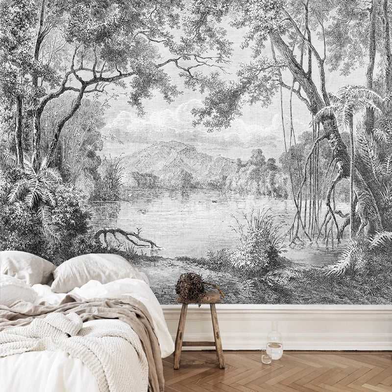 Whispering Shadows: Black And White Forest Wallpaper-GraffitiWallArt