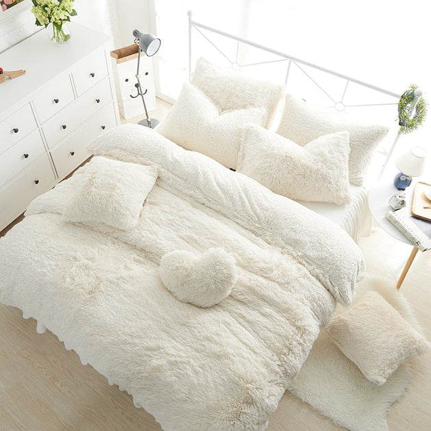 White Pink Fleece Warm Bedding Set-GraffitiWallArt