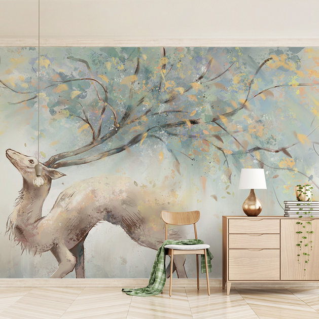Winter Reindeer Tree Trunks Wallpaper Mural-GraffitiWallArt