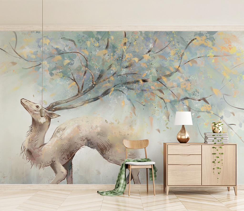 Winter Reindeer Tree Trunks Wallpaper Mural-GraffitiWallArt