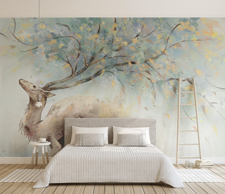 Winter Reindeer Tree Trunks Wallpaper Mural-GraffitiWallArt