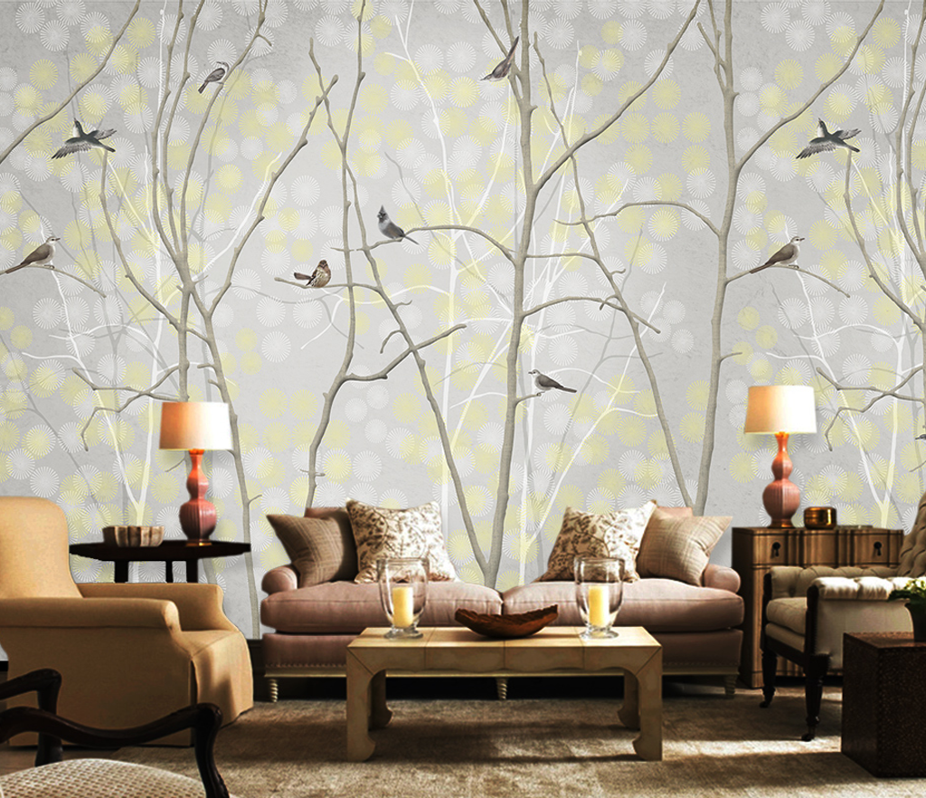 Winter Trees and Birds - Trees Wallpaper Mural-GraffitiWallArt